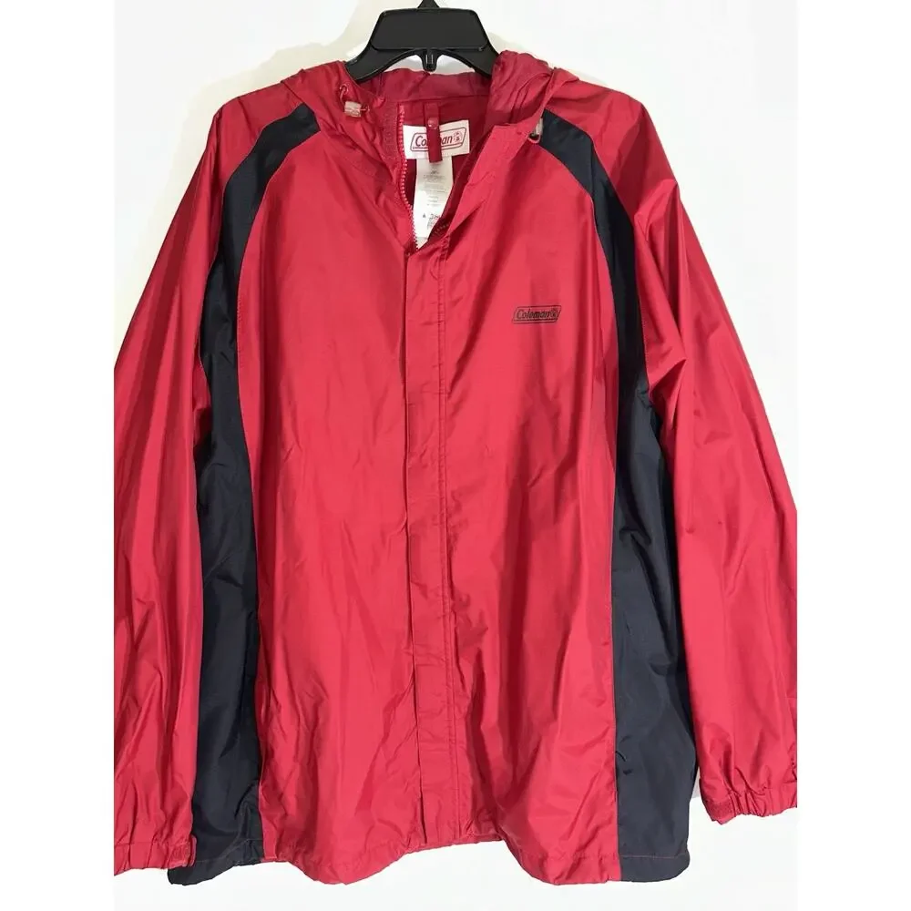 Coleman Red Black Vintage Zip Up Windbreaker Jacket Hood Men’s XL